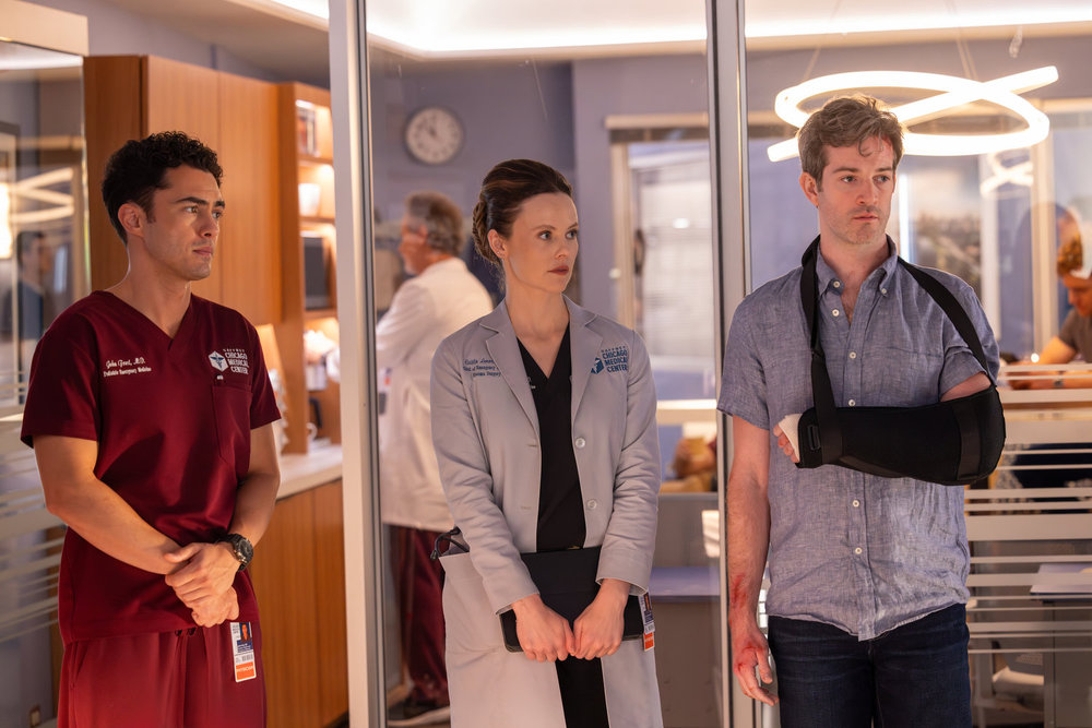A.J. Shively, Sarah Ramos, and Darren Barnet in Chicago Med Season 11 Episode 3